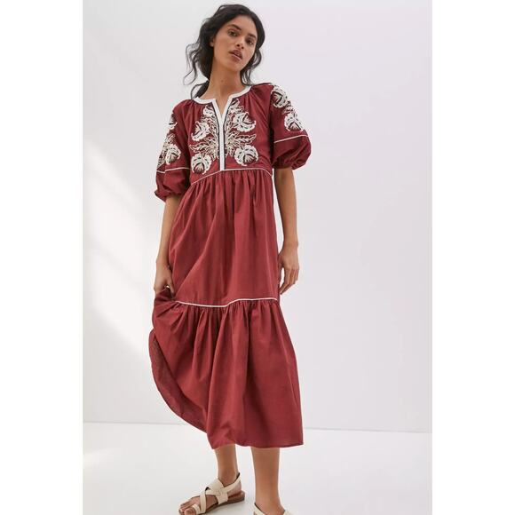 Anthropologie Gretel Embroidered Maxi Dress Medium P  Embroidery Tiered Boho - Picture 1 of 14